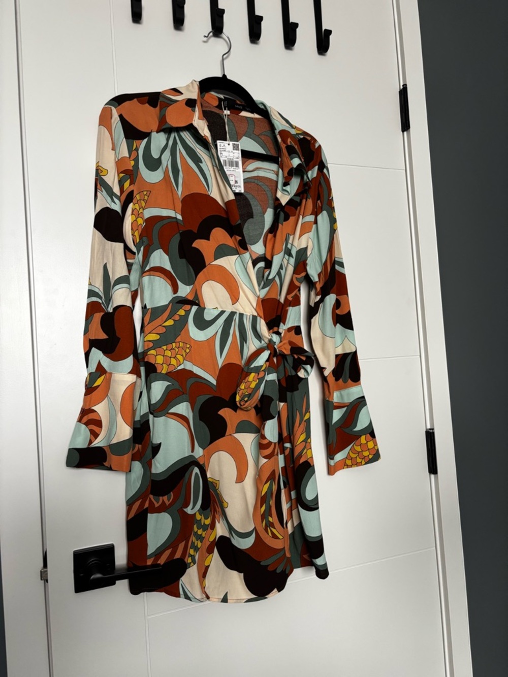 Mango Abstract Print Wrap Dress in Mint, Rust, Black